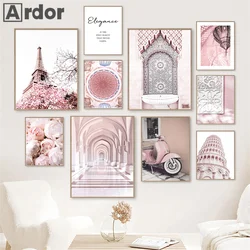 Pink Paris Tower Rose Flowers Motorbike Islamic Architecture Wall Art Canvas Painting Nordic Poster And Print Picture Home Decor