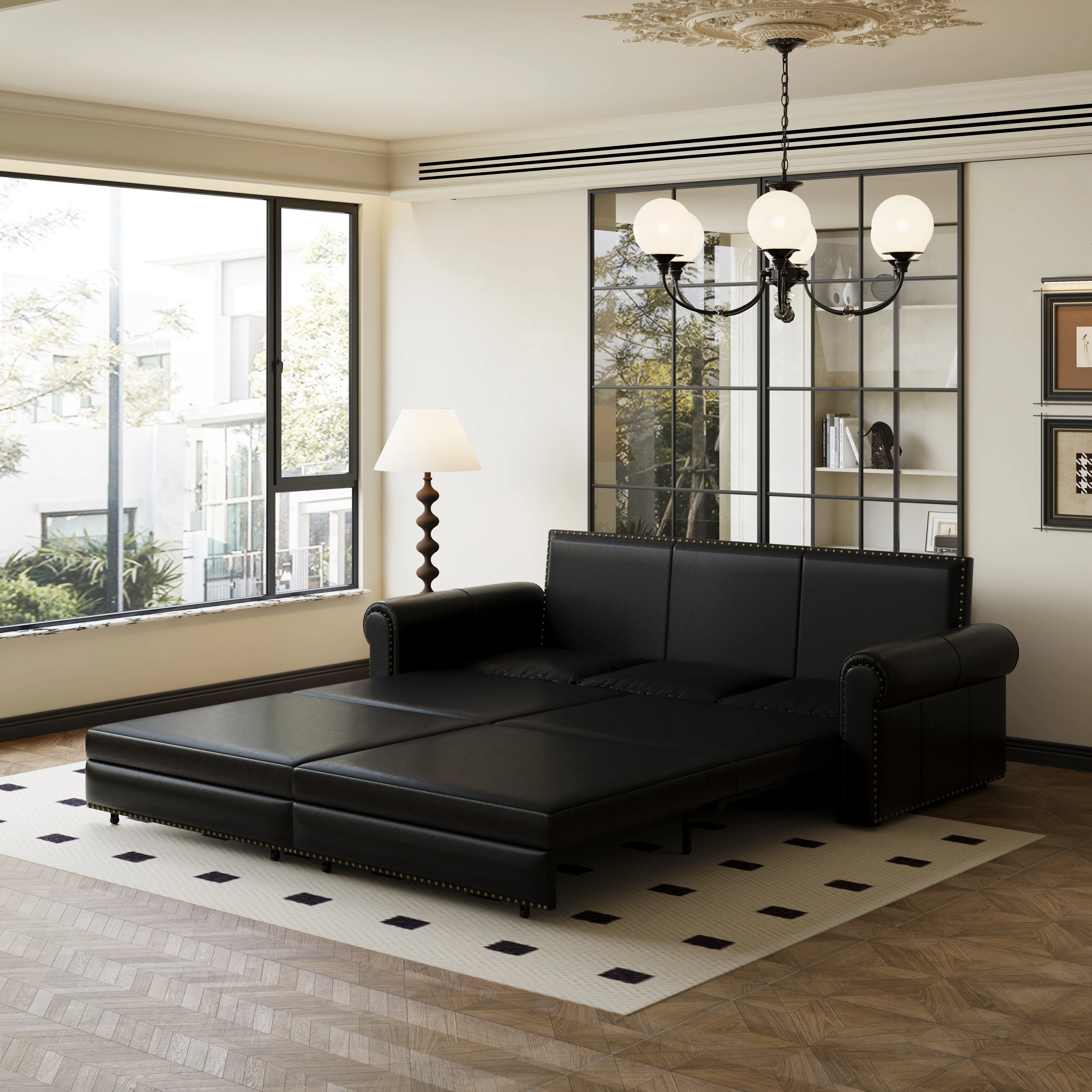 ！@Overseas Warehouse US Stock King Size Black Velvet Iron Plywood Metal Plastic 3-in-1 Convertible Foldable Sleeper Sofa for Hot