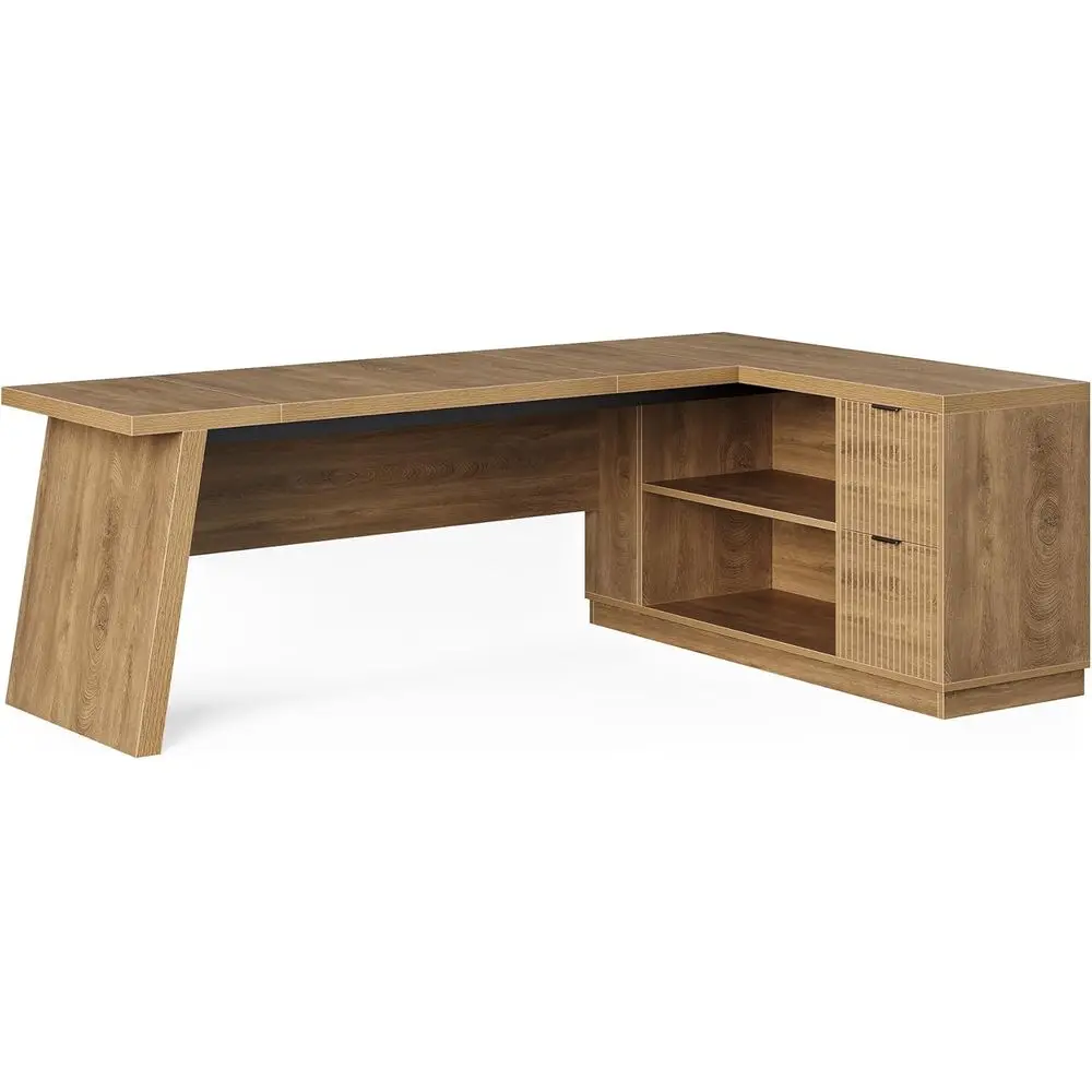 

Large Walnut L-Shaped Desk with Drawers and File Cabinet for Home or Office