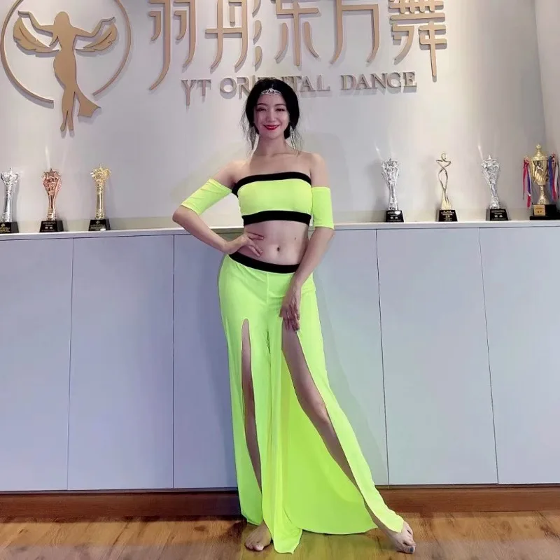 カスタマイズされたベリーダンス衣装練習衣装フュージョンクールスーツクール蛍光色ダブルスリットパンツスカートオリエンタルダンスセット