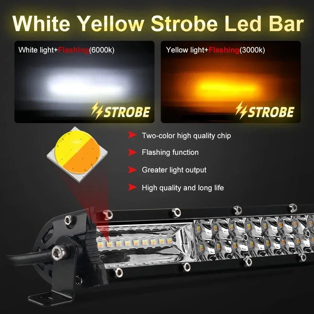 HAOLIDE 2PCS 7inch LED Strobe Light Bar Driving Spotlight 6000k 3500k Flashing 2 Rows 12v 24v Flood Spot Beam IP68 for Offroad