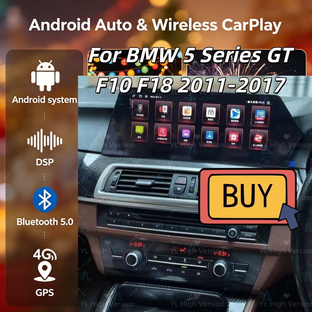 Wireless CarPlay Android 15 Car Blade Screen For BMW 5 Series GT F10 F18 2011-2017 CIC NBT RHD 12.3'' Multimedia Video Unit BT