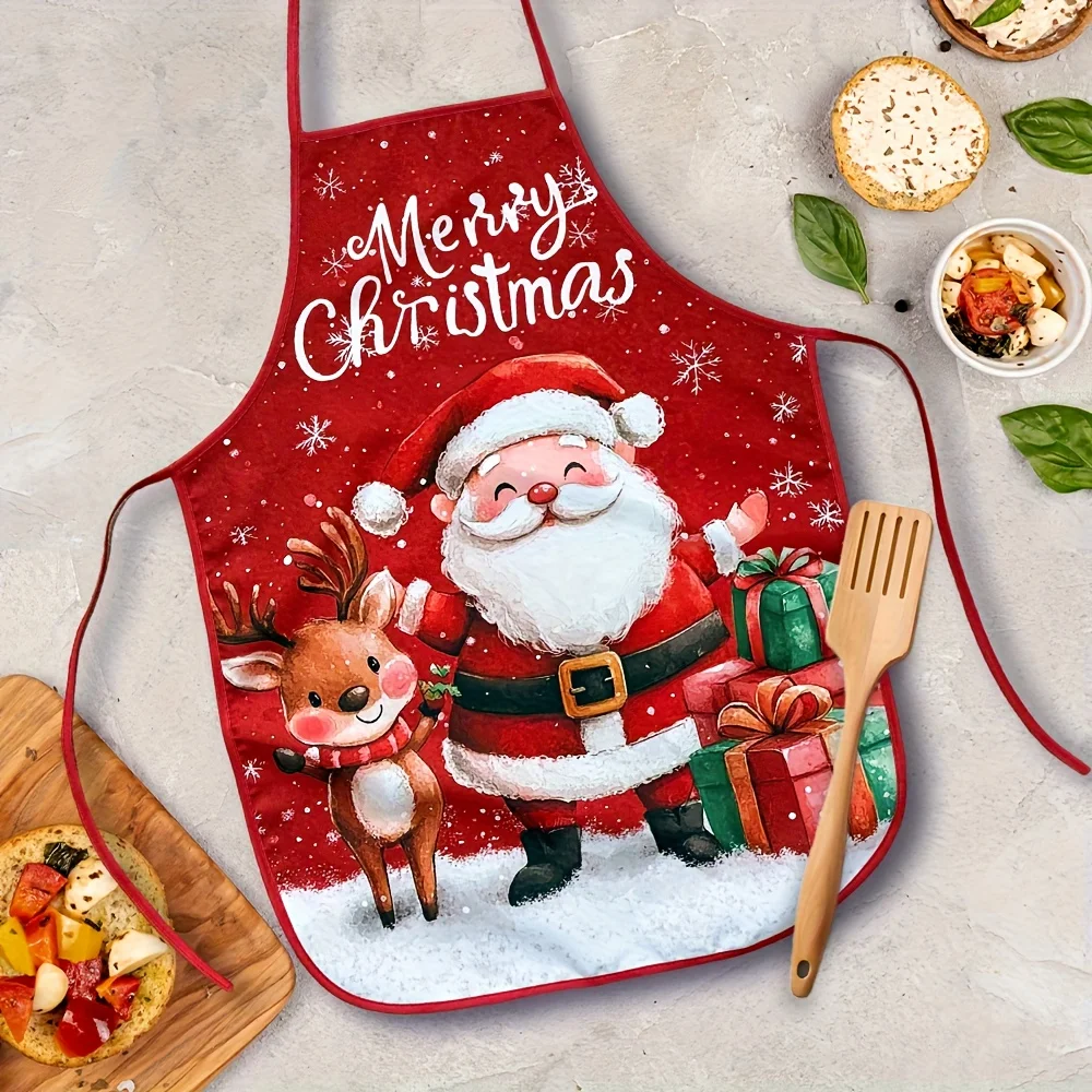 1pc, Christmas Apron, Cartoon Santa Reindeer Pattern Design - Home Holiday Decor Apron, Chef Waiter BBQ Barber Adult Apron, Bar