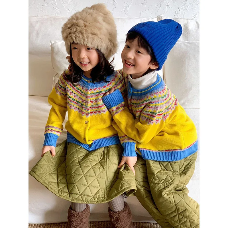 UNITIM Autumn 3-10Yrs Kids Girls Knit Cardigan Vintage Fair Isle Sweater for Children Girls Toddler Baby Girls Jacquard Knitwear