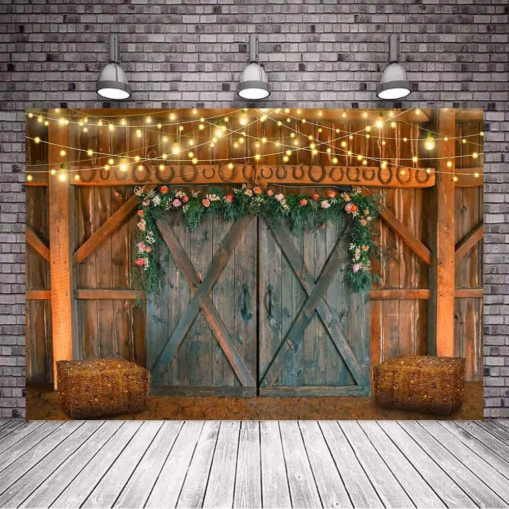 

Rustic Barn Backdrop For Farm Theme Party Barn Door Hay Lights Rural Background Western Cowboy Photo Booth Studio Props