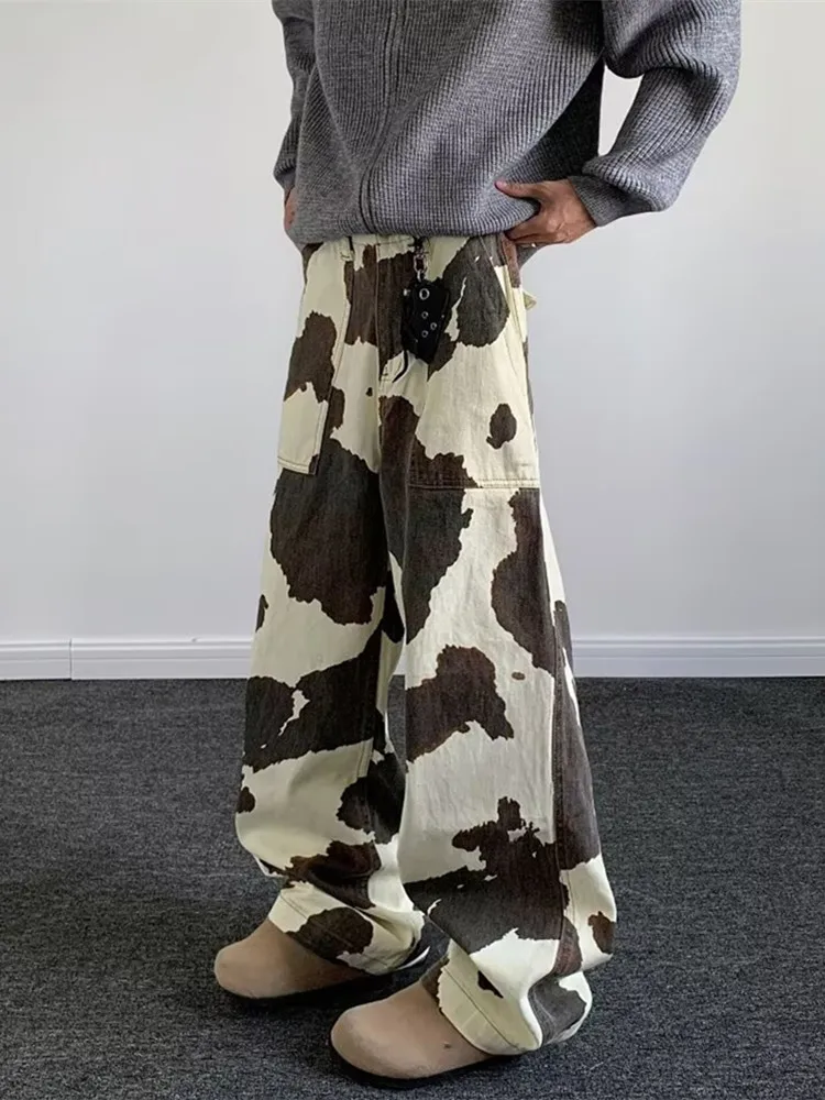 2025 cyber y2k streetwear padrão de vaca baggy novas calças jeans para roupas masculinas perna larga em linha reta algodão calças compridas ropa hombre