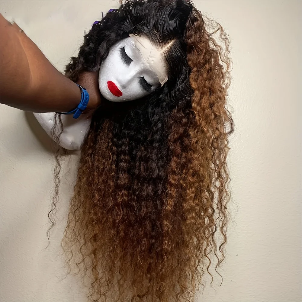 

26inch Ombre Brown Kinky Curly Wig Glueless 180 Density Preplucked Lace Front Natural Hairline Synthetic Baby Hair for Women
