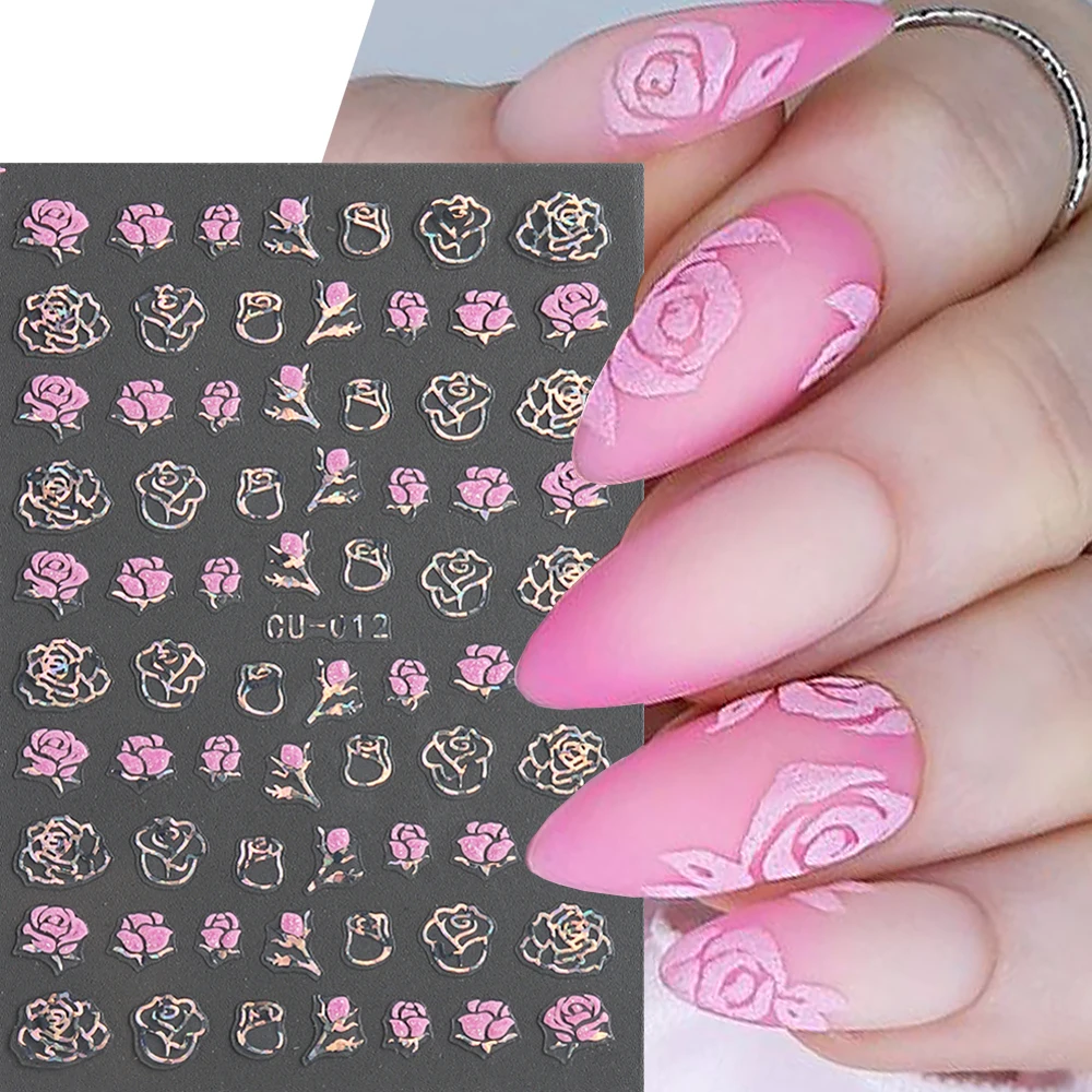 Pink Glitter Nail Stickers, 3D decalques de unhas, Laser Design, Manicure Decor, Dia dos Namorados, Coração, Estrelas, Flores, Y2K, NLCU-012, 2024