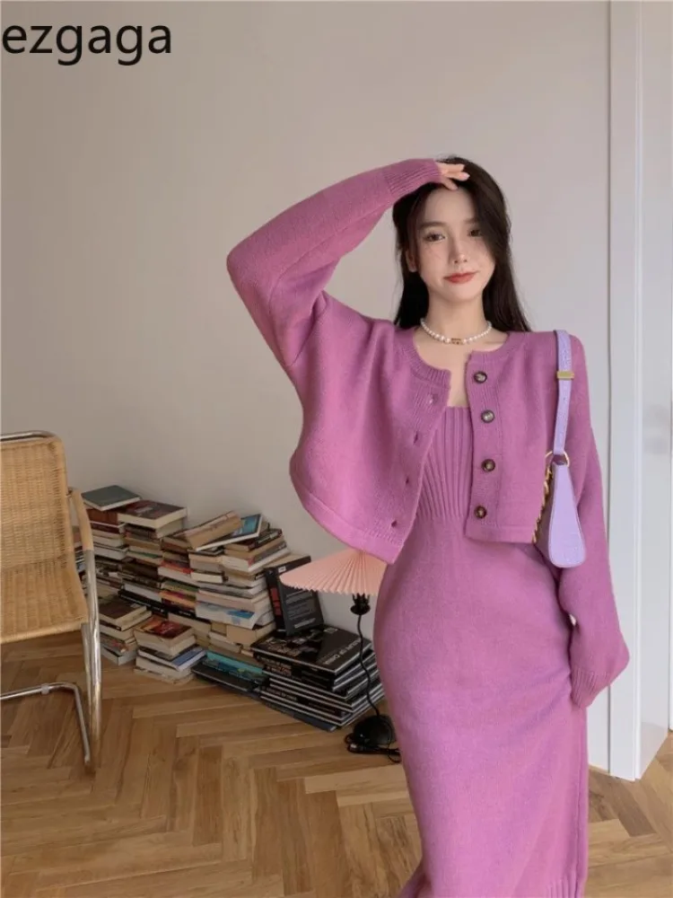 Ezgaga Two Piece Sets Women Cropped Cardigan Elegant Sweater Sleeveless Knitted Dresses Stretch Office Lady Suits Autumn Winter