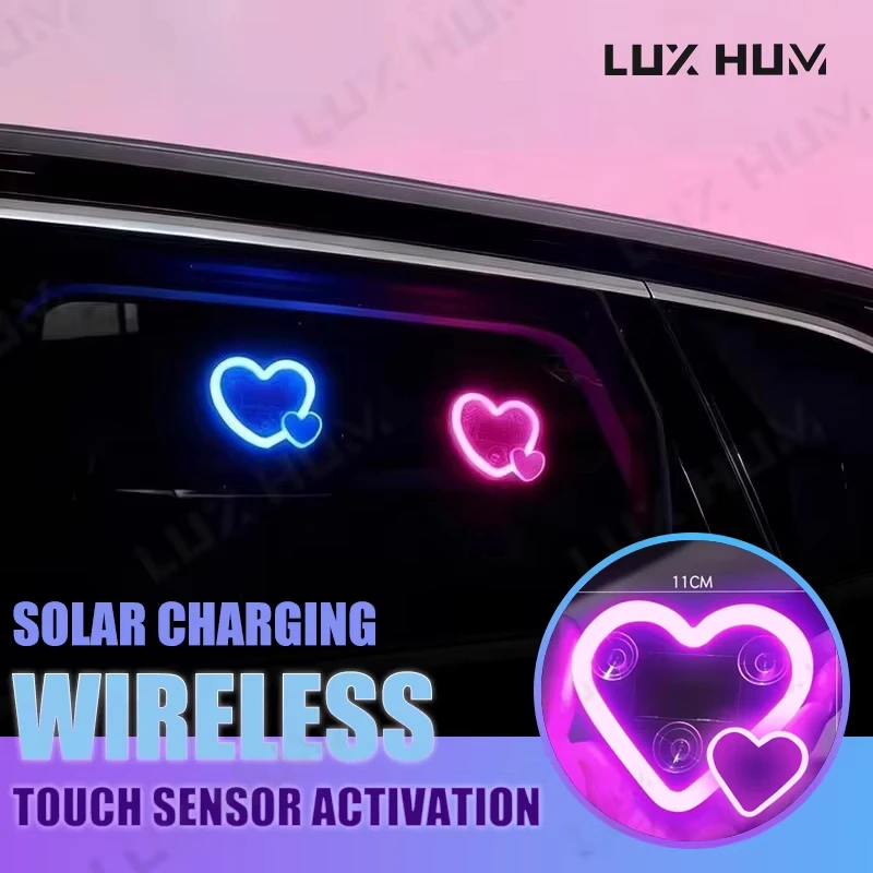 Luz de néon de carro movida a energia solar sem fio bonito duplo em forma de coração led luz ambiente ventosa atmosfera lâmpada de respiração