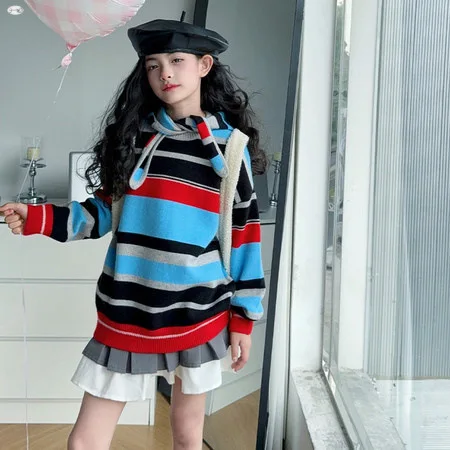 

Girls' Autumn And Winter Sweaters 2025 New Fashionable Girls' Stylish Striped Hooded Woolen Dress