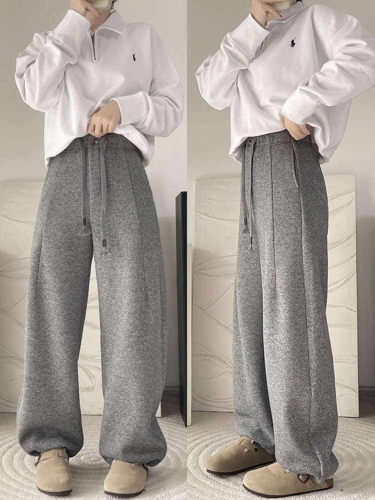 

Женские шерстяные повседневные брюки на флисовой подкладке с регулируемыми манжетами, теплые универсальные спортивные штаны из полиэстера с высокой талией на резинке