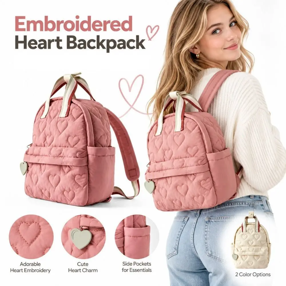 New Multi Compartment Embroidered Heart Backpack Padded Lightweight Casual Backpack Embroidered Heart Small Backpack Daily Use