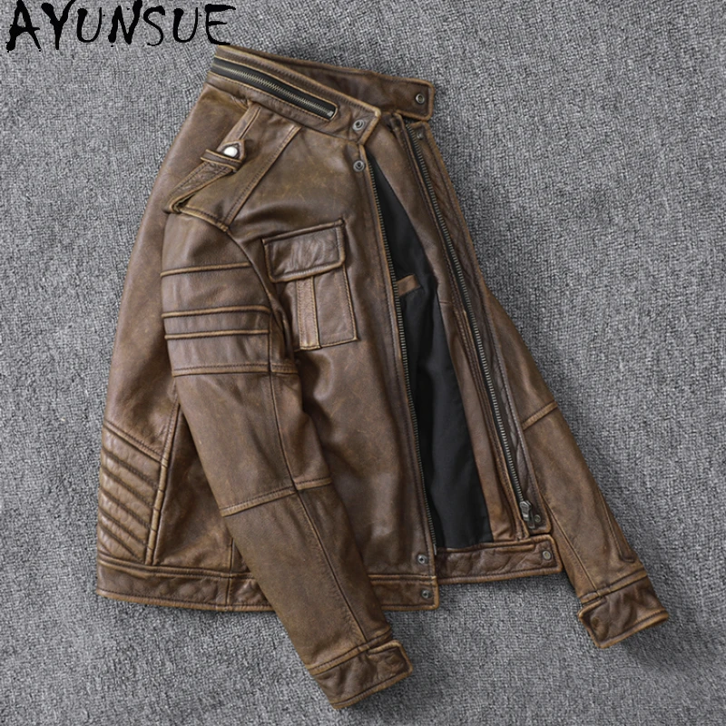 AYUNSUE Rétro Style Veste En Cuir Hommes Vêtements Court Moto Vestes En Cuir De Vache Automne CombSize S-5XL Veste Cuire zones me