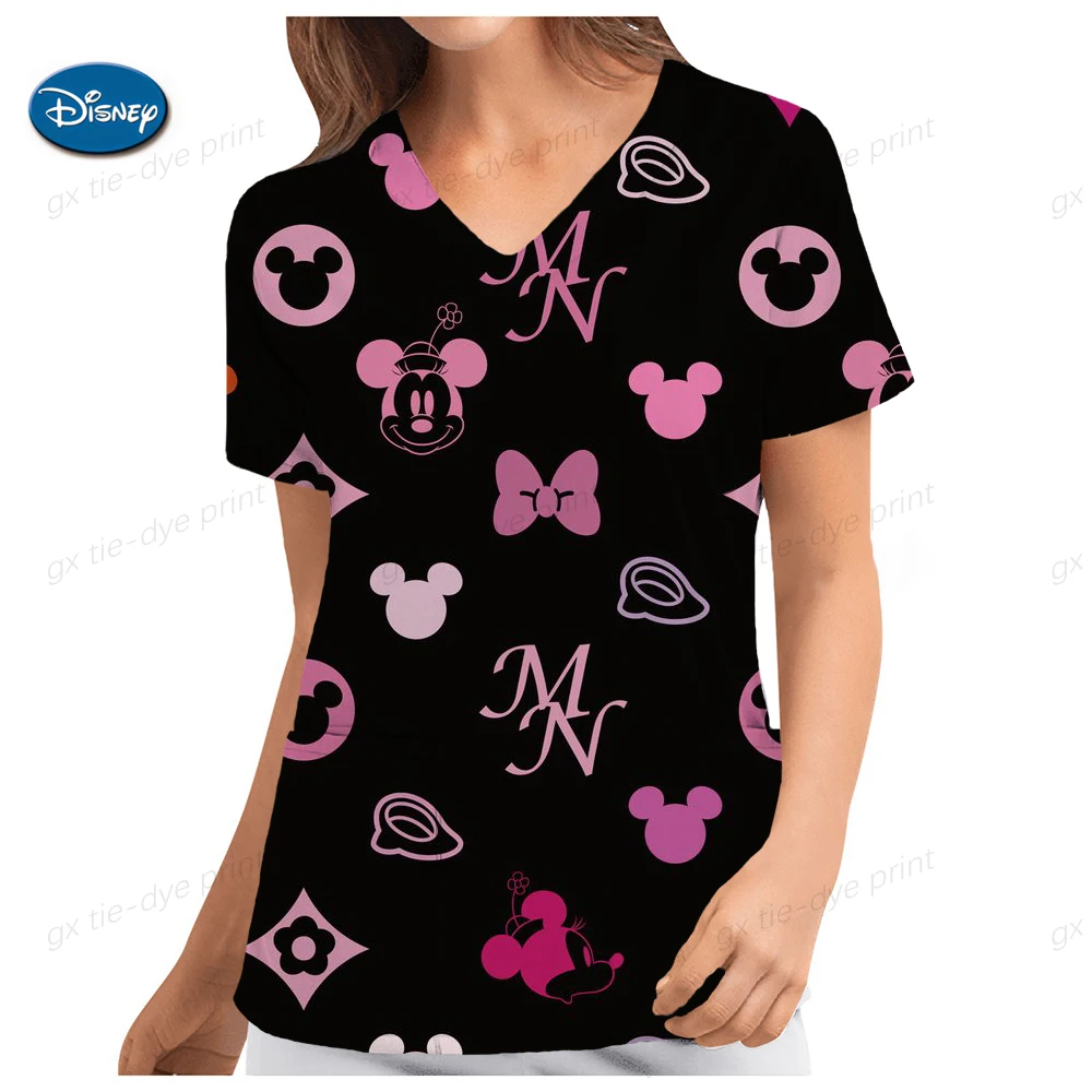 T-shirt Minnie Mouse V Neck T-shirts Disney Tops Mickey Top Women 2024 Pocket Woman Clothes Nurse Uniform Hospital Tees Women's