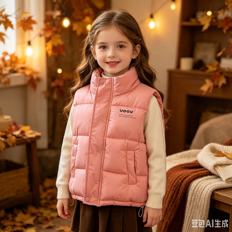Girls Vest Autumn Winter Solid Color Letter Print Thick Warm Stand Collar Zipper Waistcoat For 4-10Years Boys Cotton Jacket  125