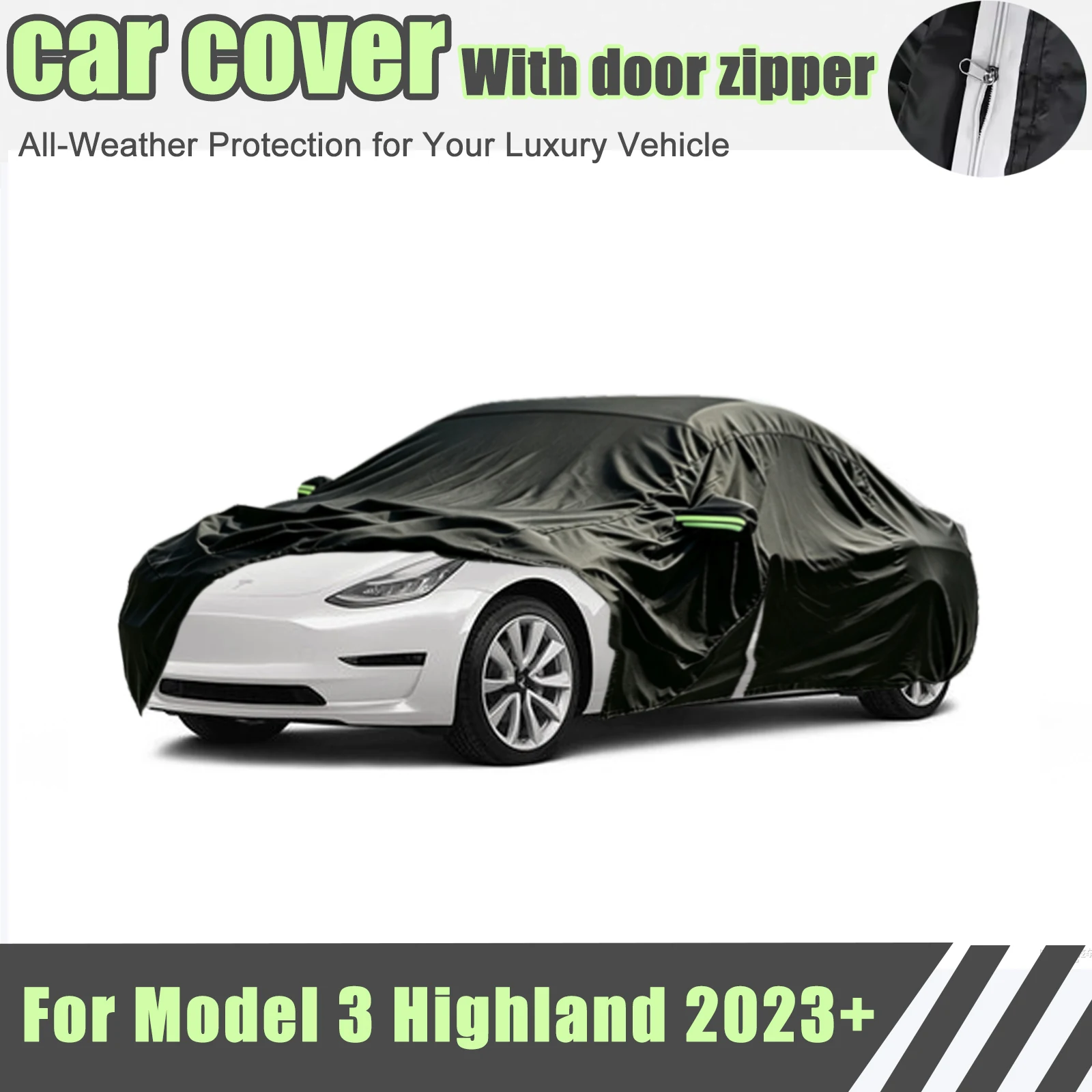 Outdoor Full Vehicle Cover For TESLA Model 3 Highland 2023+ Side Zipper Design, Waterproof Dustproof Sun Protection Car Cover