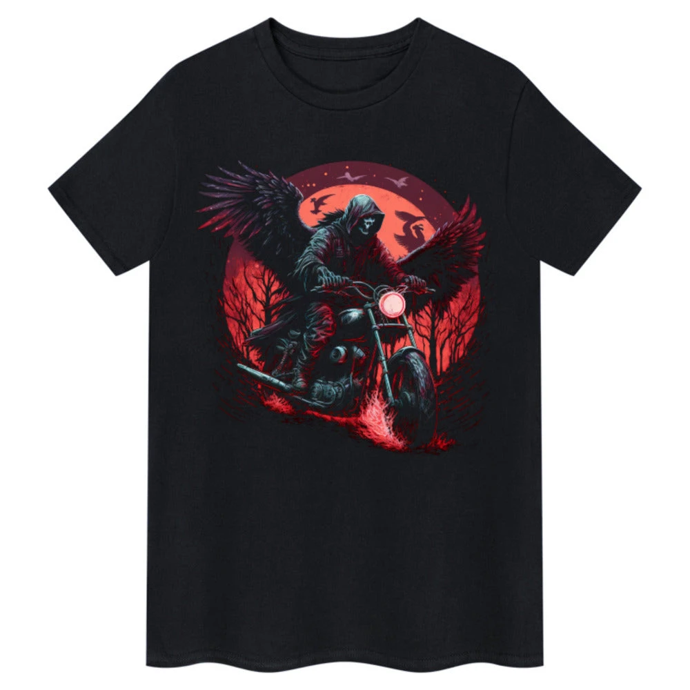 Winged Grim Reaper Red Moon Biker Retro Graphic Tee Cotton Mens Womens T-Shirt Outdoor Casual Top