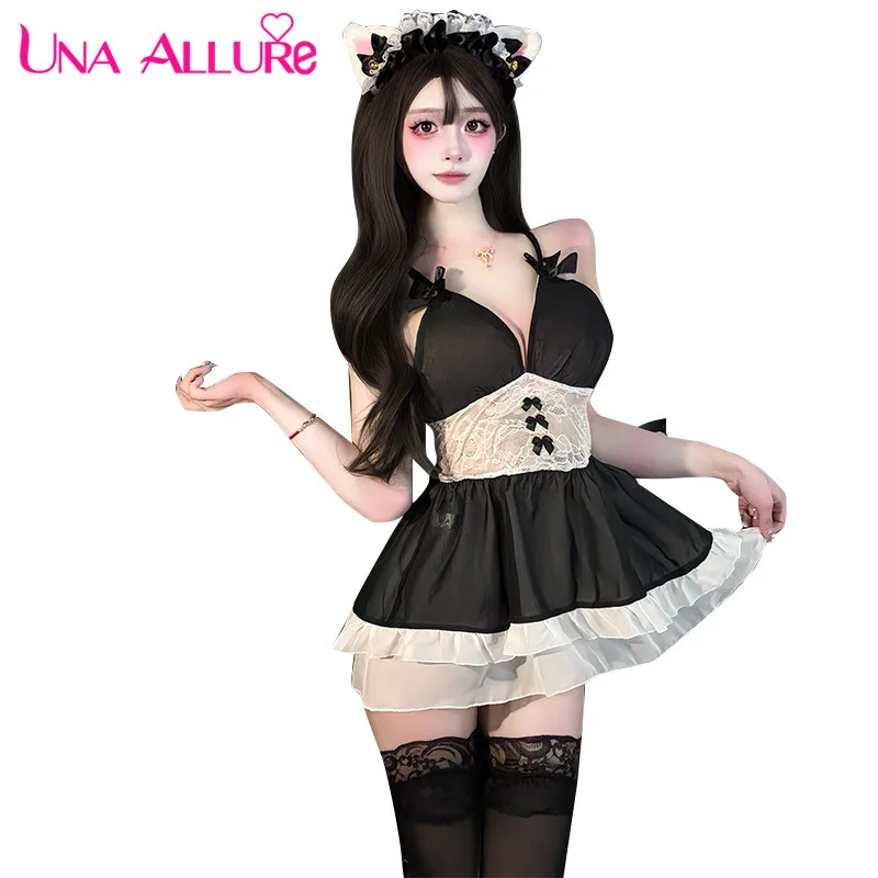 

Naughty Maid Uniform Role Play Costume Bodysuit for Women Sexy Lingerie Bow Lace Suspender Dress Cosplay Underwear