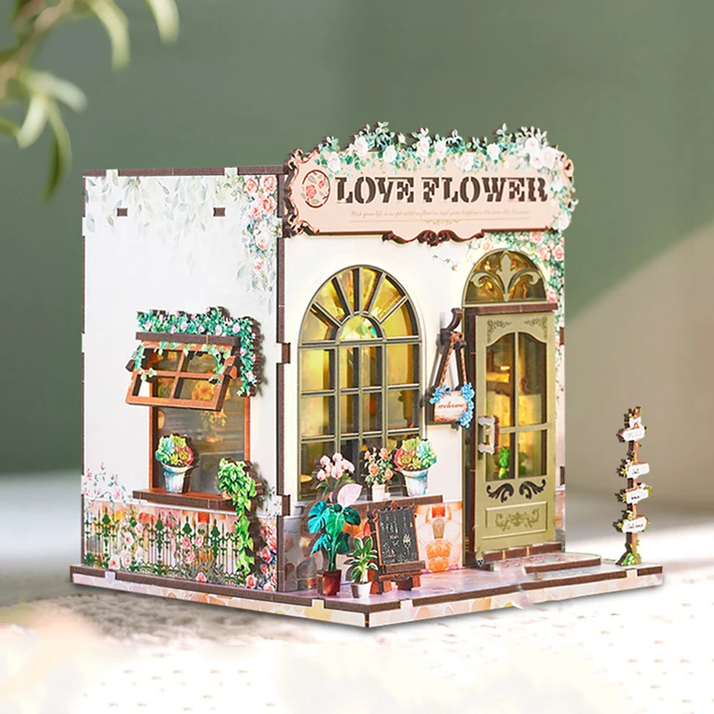 Nowy Drewniany Domek dla Lalek Sklep Kwiatowy Miniaturowy z Zestawem Mebli Model do Samodzielnego Montażu 3D Zabawki DIY dla Dzieci i Dorosłych Prezent Świąteczny Casa