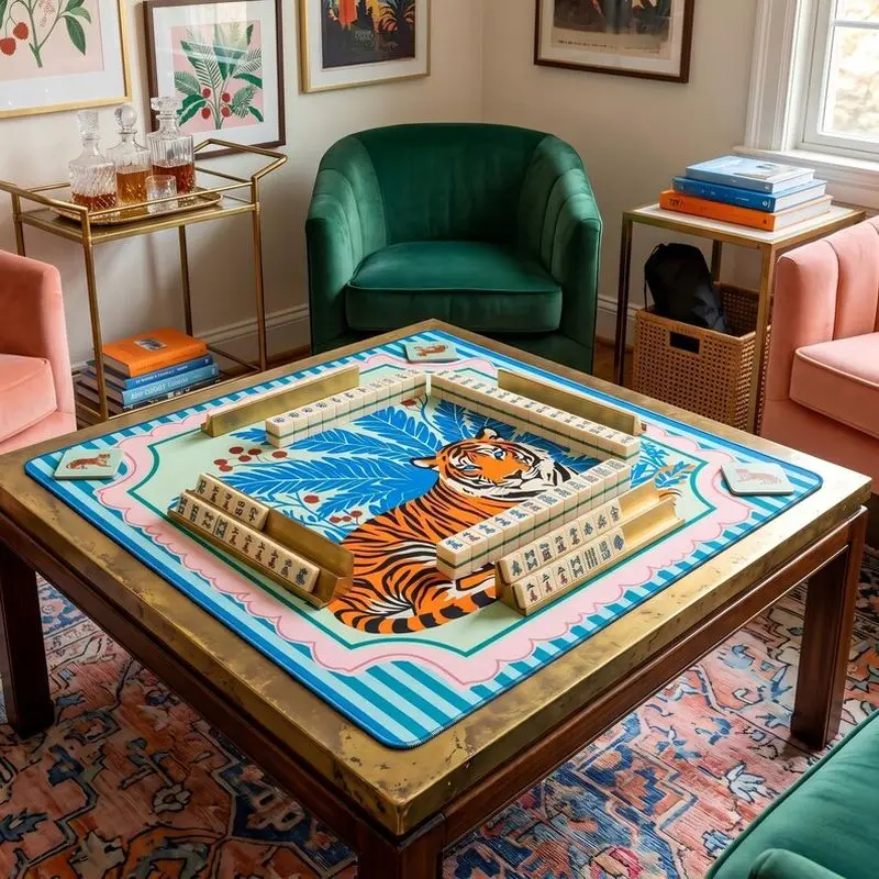 VIKAMA Striped Pink Tiger Tropical Mahjong Mat Wear Resistant Zoned Pad Balcony Vacation American Mahjong Domino Cover