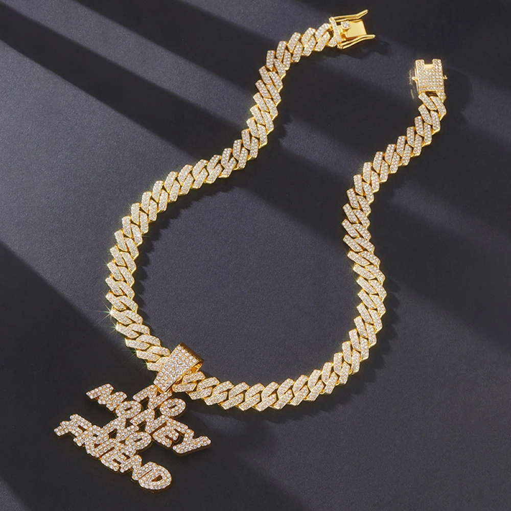 Men Women Hip Hop NO Money No Friend Pendant Necklace with 14mm Cuban Chain HipHop Iced Out Bling Necklaces Fashion Jewelry Gift