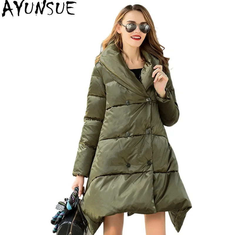 AYUNSUE White Duck Down Puffer Jacket Women Fashion Mid Length Down Coats 2024 New in Outerwears Winter Warm Clothes Пуховики