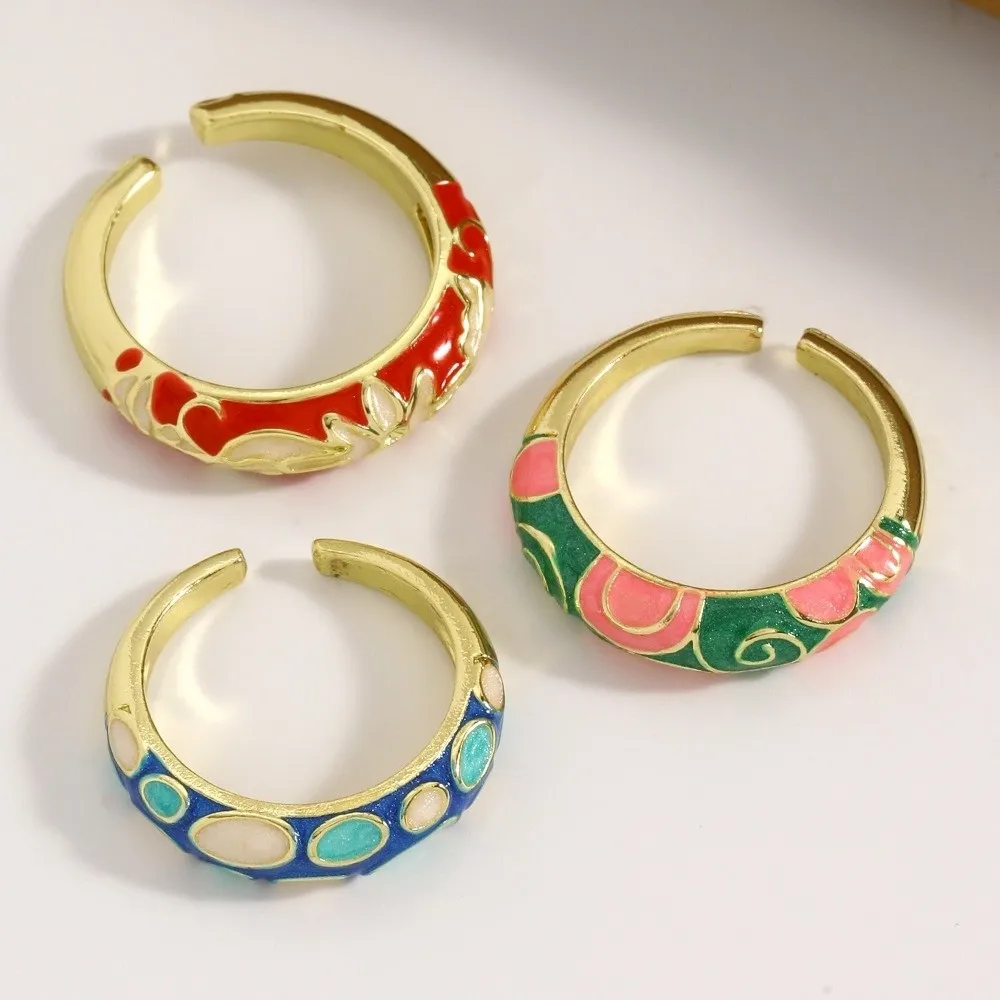 Fashion Chinese Style Drip Oil Ring Colorful Ethnic Enamel Statement Ring Vintage Adjustable Floral Pattern Ring Wedding