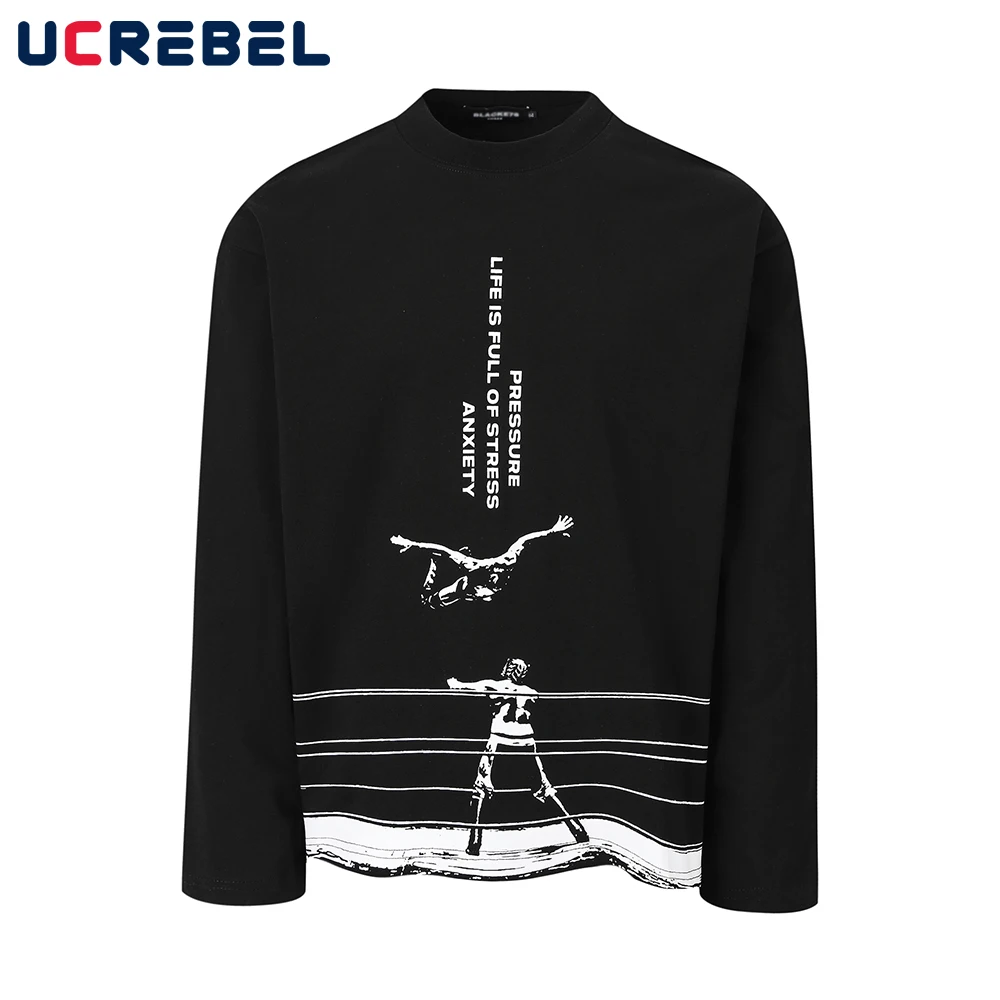 

Portrait Print Long Sleeve T-shirt Mens Autumn Retro High Street Loose Crew Neck Tshirt Man Tee