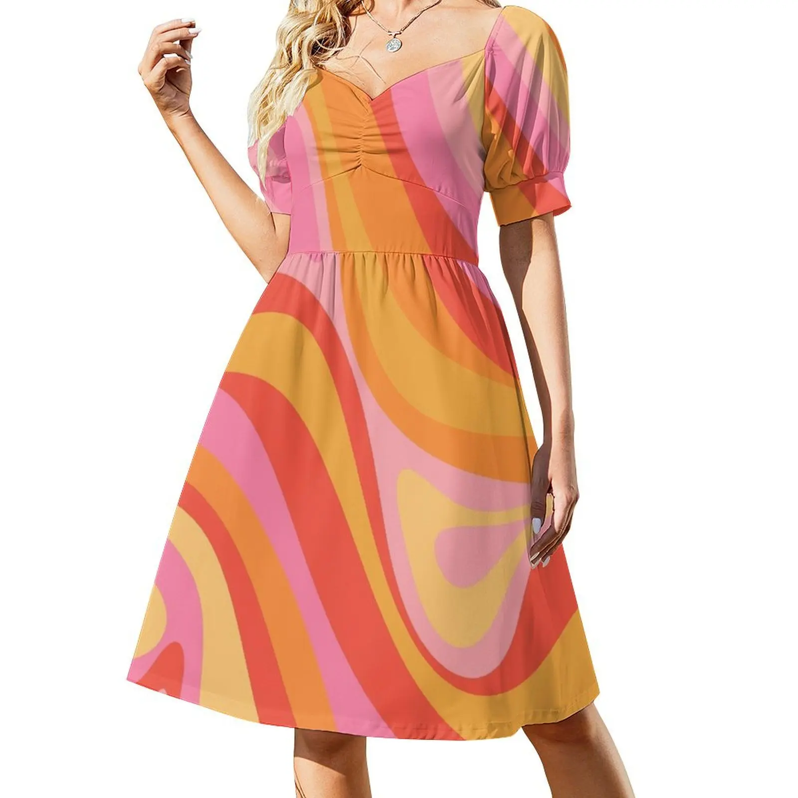 

New Groove Retro Swirl Abstract Pattern Pink Orange Yellow Short Sleeved Dress wedding dresses for woman summer clothes Dress