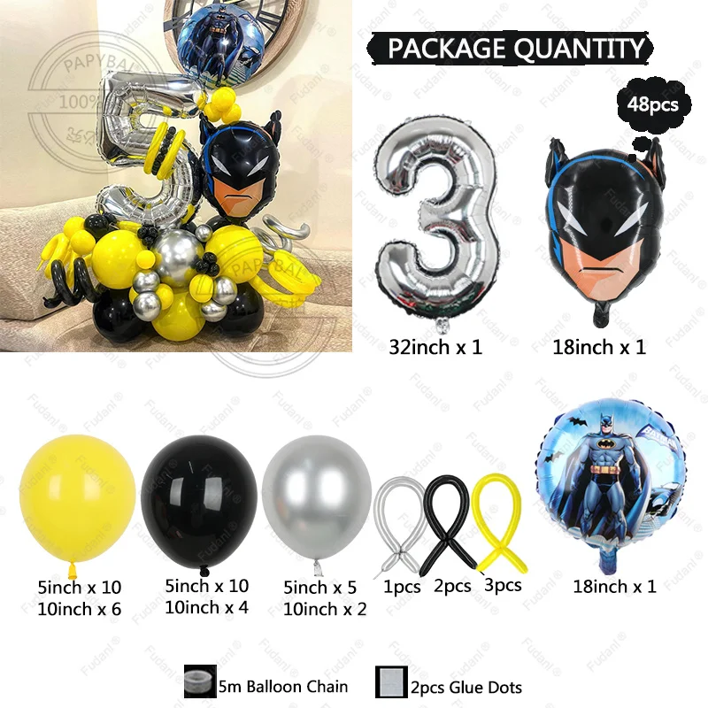 48 szt. Zestaw kolumnek balonowych Batman z motywem Marvel ze srebrnym numerem 1-9 chłopiec dekoracja urodzinowa Baby Shower Helium Globos