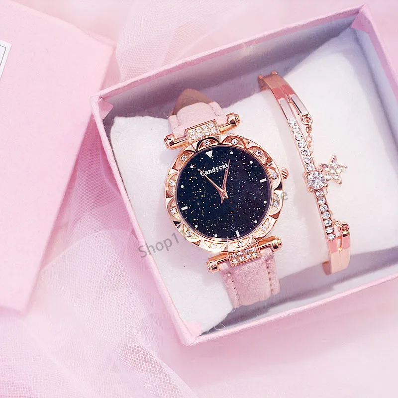 Reloj de cielo estrellado para mujer, reloj de moda, edición coreana, Simple e informal, mesa de regalo para estudiantes, dos piezas