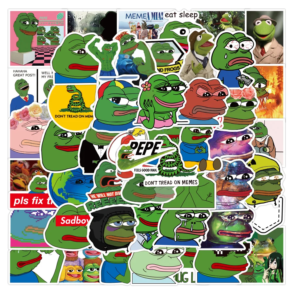 50PCS Spoof Pepe Sad Frog Cartoon Graffiti Stickers For Laptop Refrigerator Motorcycle Journal Skateboard Phone Sticker Kid Toys