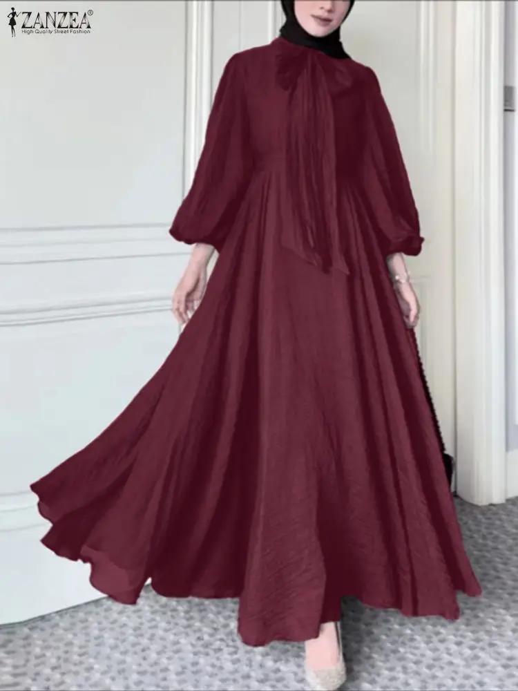 

ZANZEA Modest A-Line Long Dresses Hijabs Women Elegant Bow Detail Lantern Sleeve Belted Abaya Robe Muslim Ramadan Maxi Dress 3XL