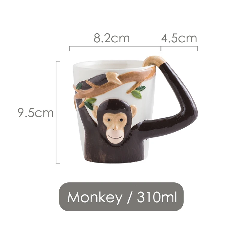 310 مللي كوب قرد منقوش من السيراميك الجدة ثلاثية الأبعاد كوب قهوة على شكل حيوان فنجان شاي مع مقبض آمن للميكروويف