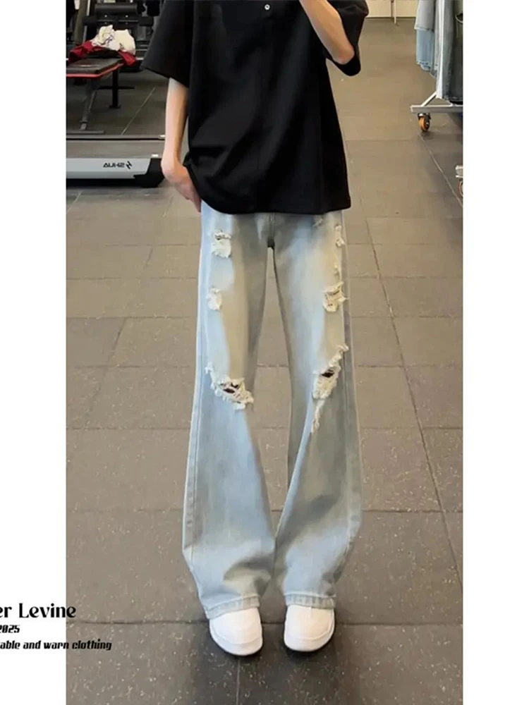 

Джинсы с американскими дырками в стиле ретро, мужские летние джинсы с тонкой талией, светло-голубые уличные трендовые прямые брюки с микро-расклешенными штанинами