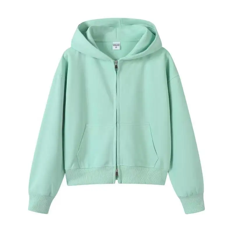 Huamian short zipper sweater women's spring and autumn high waist and thin hooded cardigan solid color versatile jacket