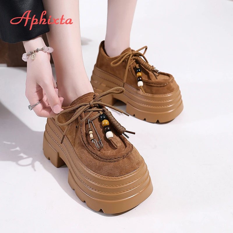 Aphixta Suede Upper Fringe Dec Women Ankle Boots 10cm High Heels Platform Woman Shoes Chunky Heel Lace Up Fashion Ladies Shoes