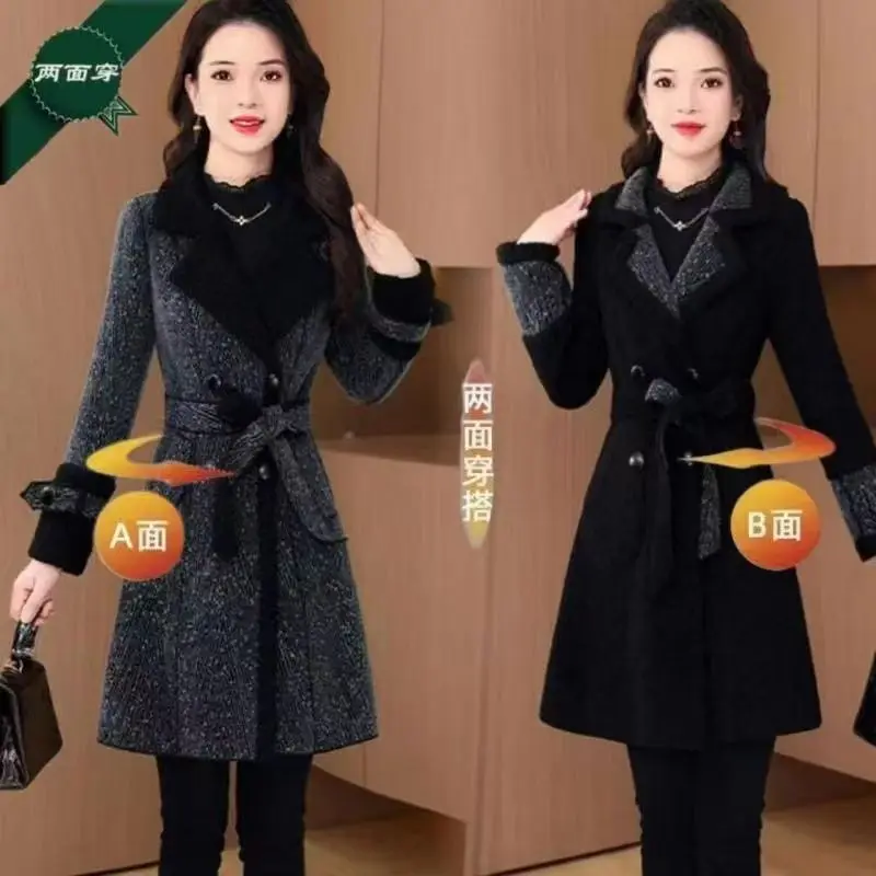 معطف صوفي نسائي عالي الجودة على كلا الجانبين لخريف وشتاء 2025 معطف صوفي جديد مزدوج الجوانب بياقة معطف صوفي رمادي وأسود