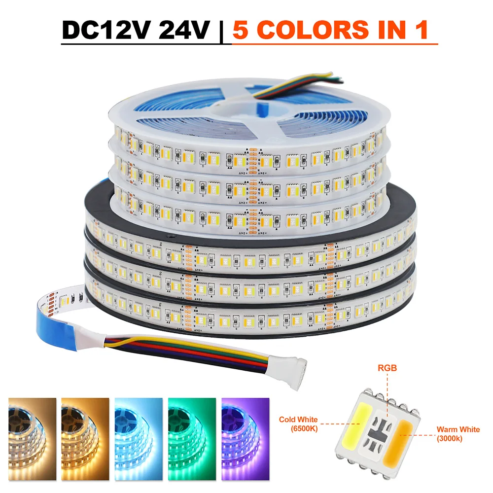 5m RGB CCT LED Strip Light 5 Colors In 1 Chip 12V 24V DC RGBCCT 5050 60 90 LEDs Flexible Ribbon Tape IP30 IP65 IP67 Waterproof