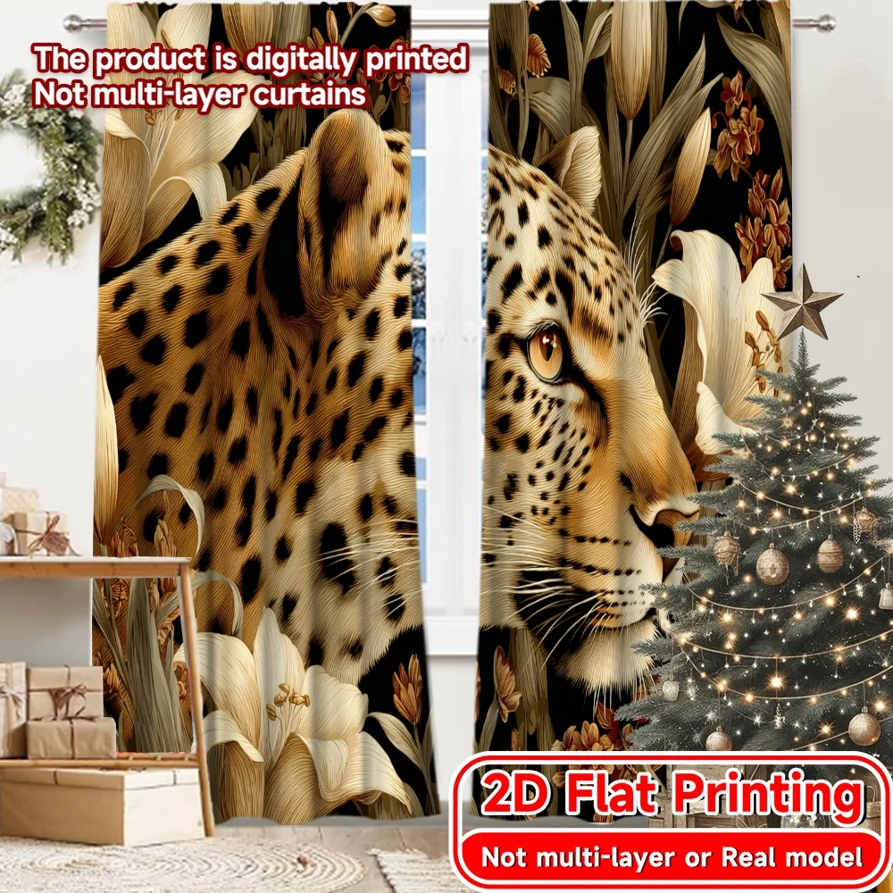 2D FLAT PRINTING 2pcs Curtains (Without Rod) Leopard Among Flowers Women is Day Festival Fashion Curtains Versatile Polyester