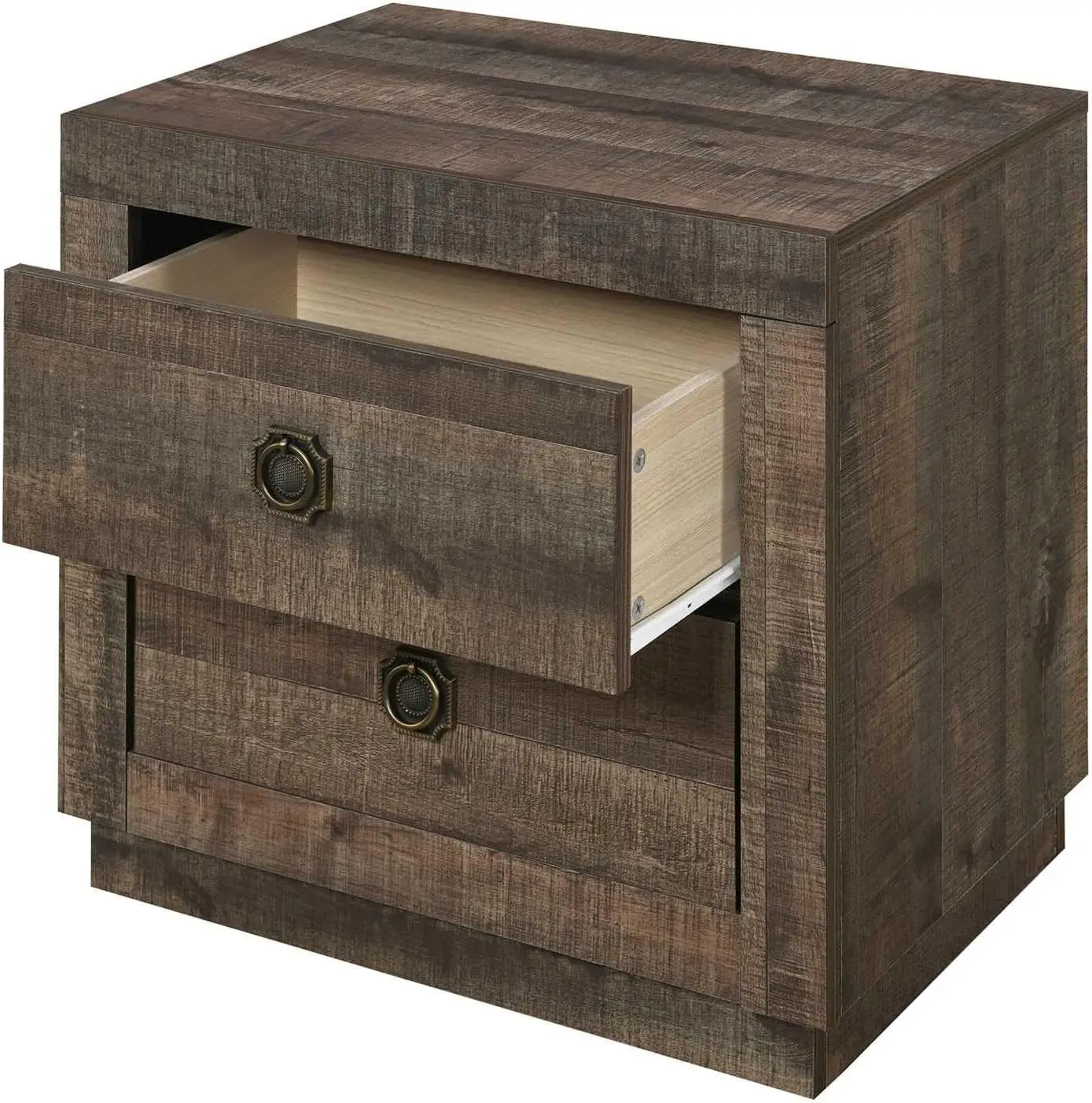 Rustic Farmhouse Nightstand, Compact Bedside Table with 2 Drawers - Authentic Rustic Finish, Rustic Brown