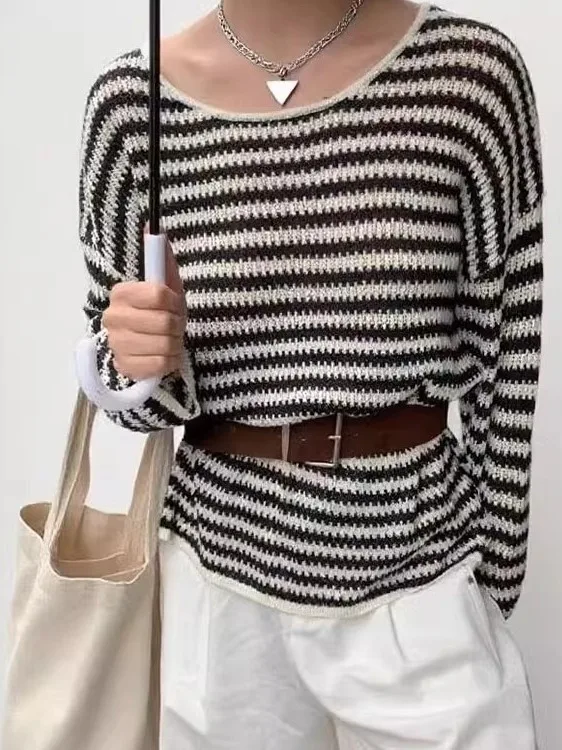

Korean Sle Lazy Stripe Knitwear Women's Belted Slimming Sweater Early Autumn New Faionable Top with Waist Belt