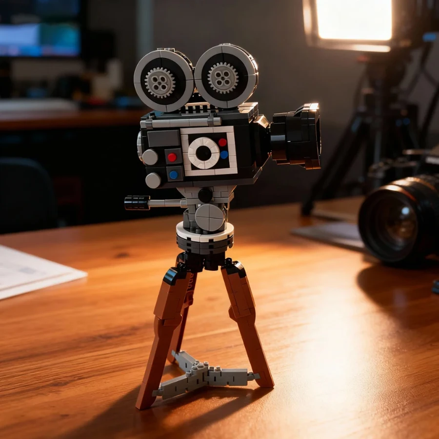 Mini Retro Movie Camera Model, Building Block Assembly Set, Creative DIY Desktop Ornament, New Year and Christmas Gift
