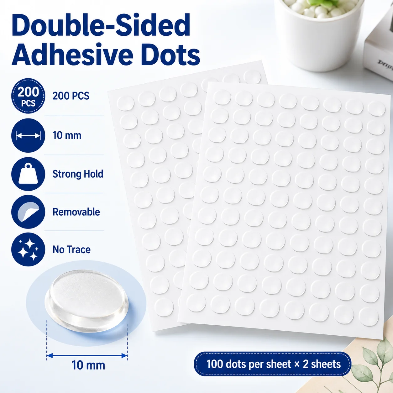 10mm Clear Double Sided Adhesive Dots 200PCS Removable Sticky Tack Waterproof Acrylic Mounting Putty for Crafts Posters Balloons