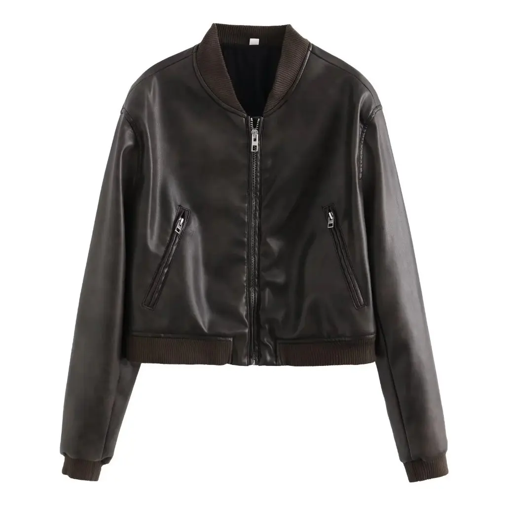 

Y2KPU Street Fashion Short Motorcycle Pilot Jacket Stand Collar Leather Coat for Women Autumn Slim Fit Style