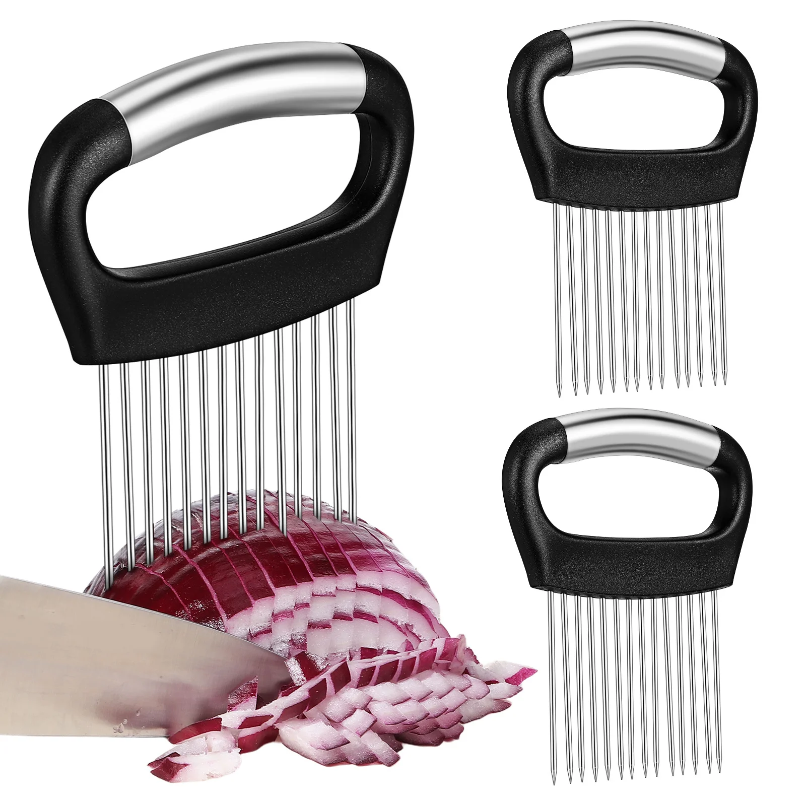 

3pcs Onion Fork Stainless Steel Nonslip Handle Uniform Slices Meat Tenderizer Vegetable Slicing Guide Kitchen Tools For Tomato