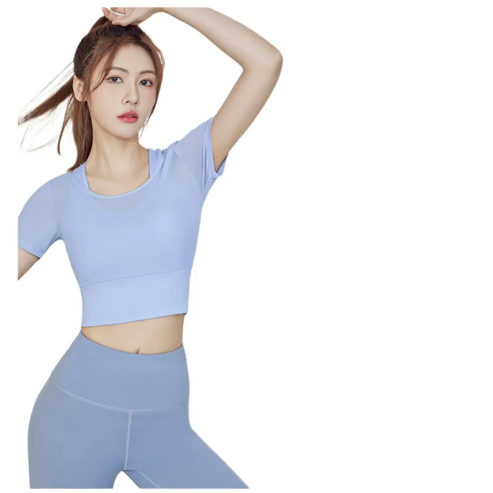 

Short Sleeve Women Yoga Shirts Padded Fake 2 Pieces Sports Tees Mesh Breathable Fitness Sportswear Running Undershirt