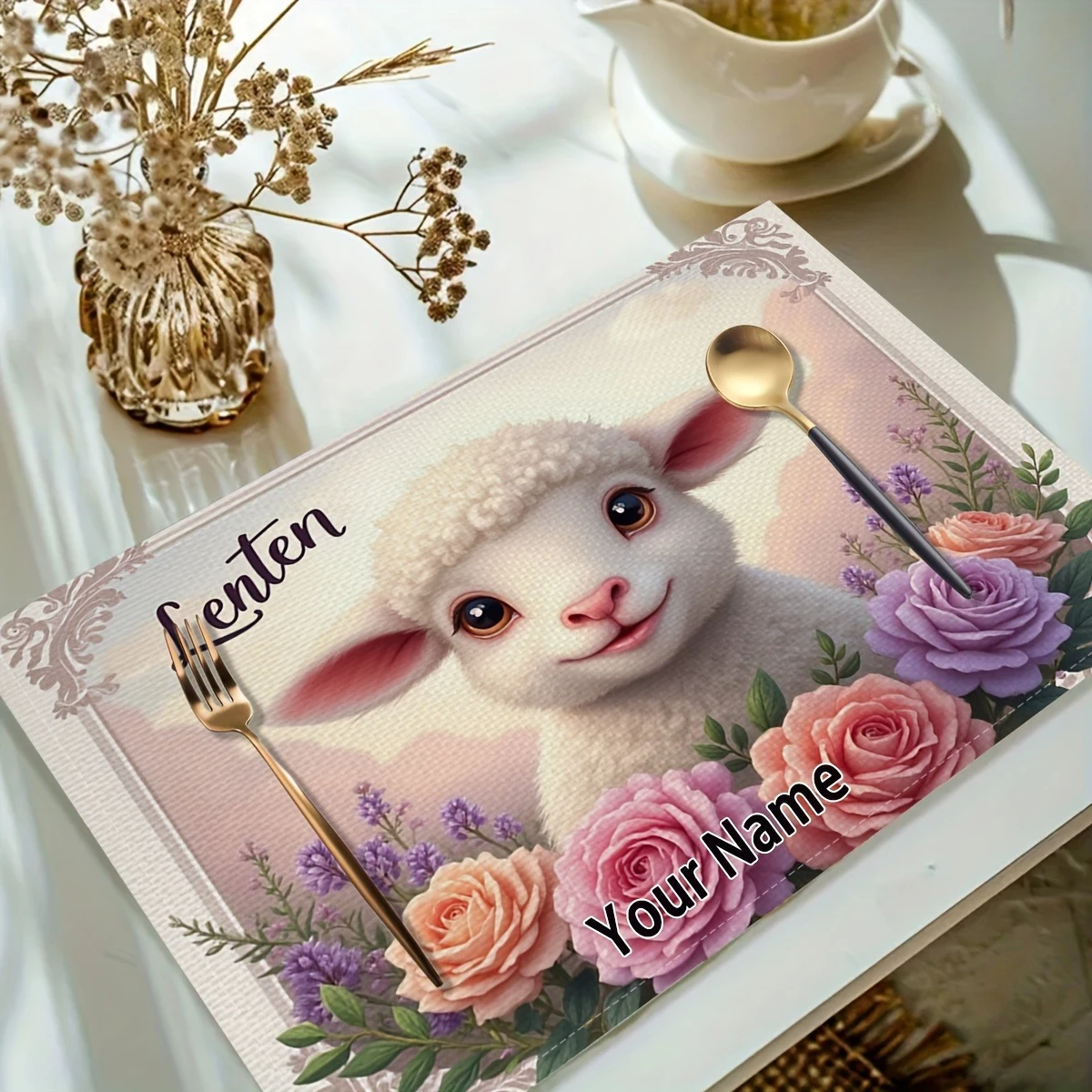 1PC Custom Lamb & Floral Place Mats Set with Personalized Name/Text - Pastel Pink & Purple Spring Design,Table Decor for Easter
