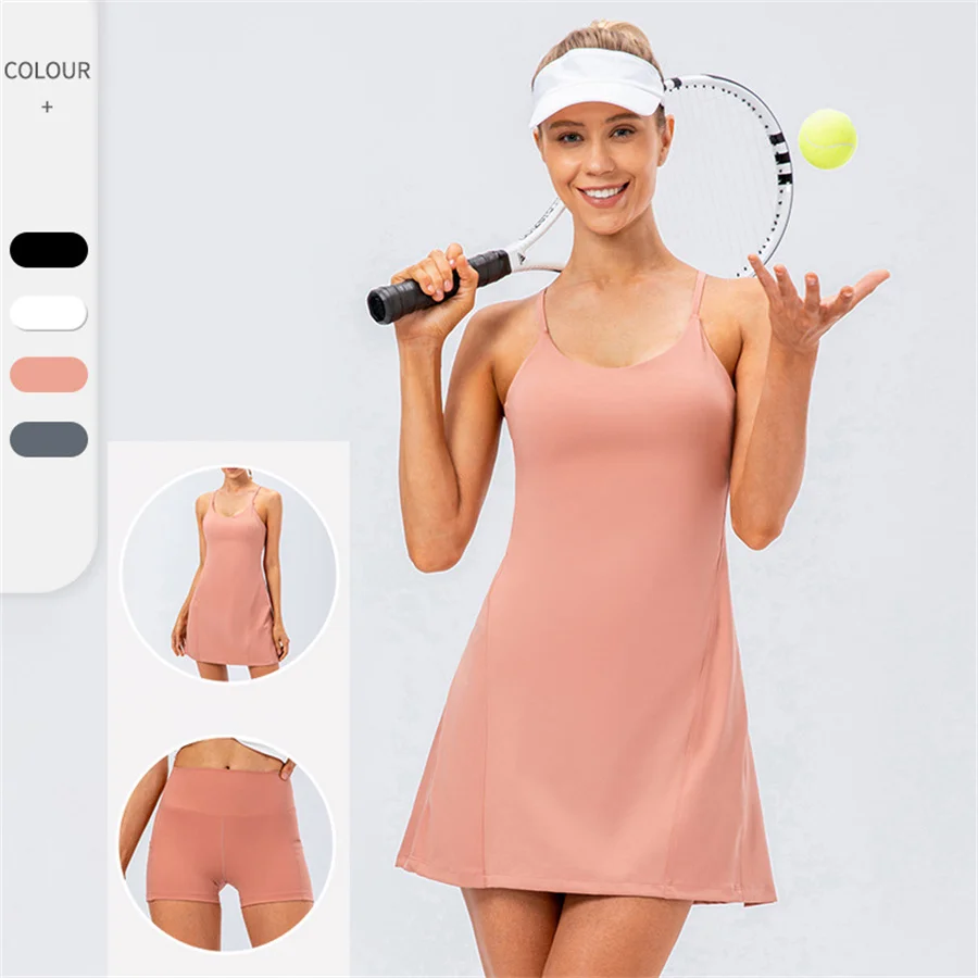 

Women Tennis Dress Separate Shorts With Pockets Spaghetti Strap Back Cross Golf Running Fashion Long Skirts Set Training Running